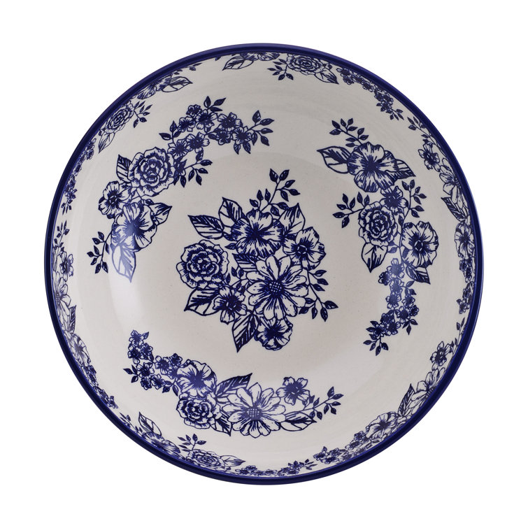 Gabriela 8" Blue and White Floral Ceramic Pasta Bowls, Set of 2
