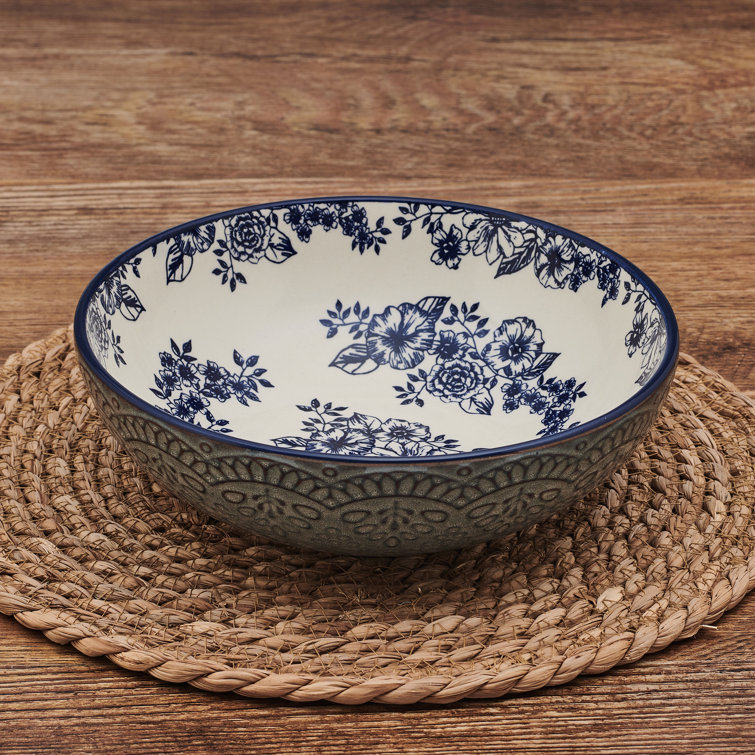 Gabriela 8" Blue and White Floral Ceramic Pasta Bowls, Set of 2