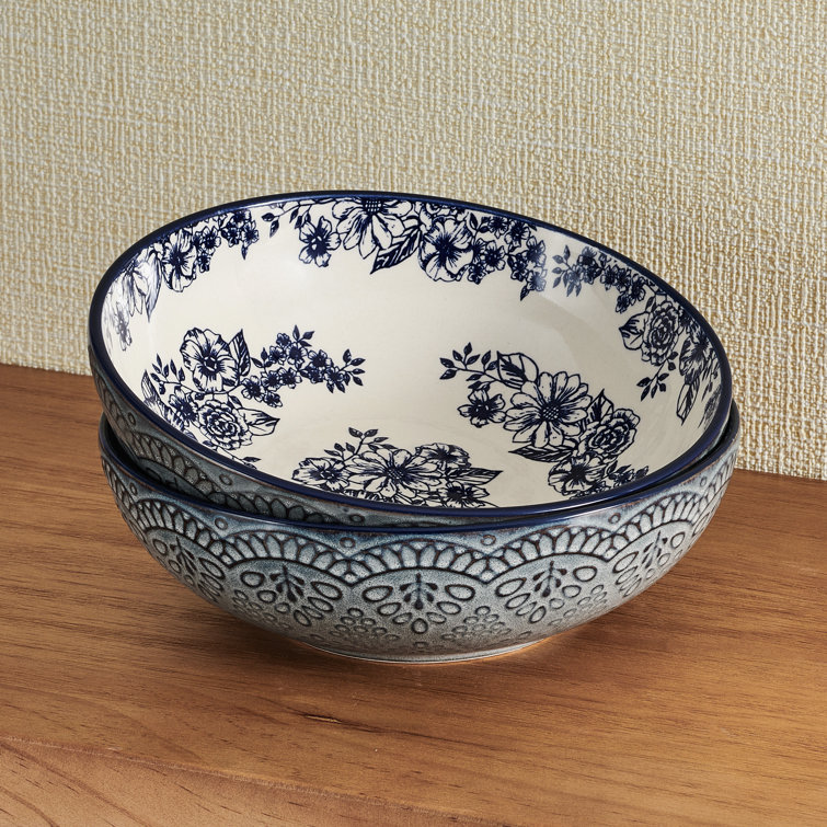 Gabriela 8" Blue and White Floral Ceramic Pasta Bowls, Set of 2