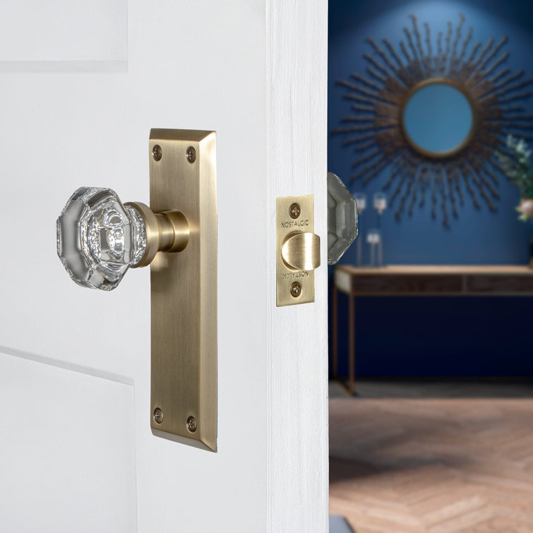 Antique Brass Plate with Clear Crystal Door Knob Set