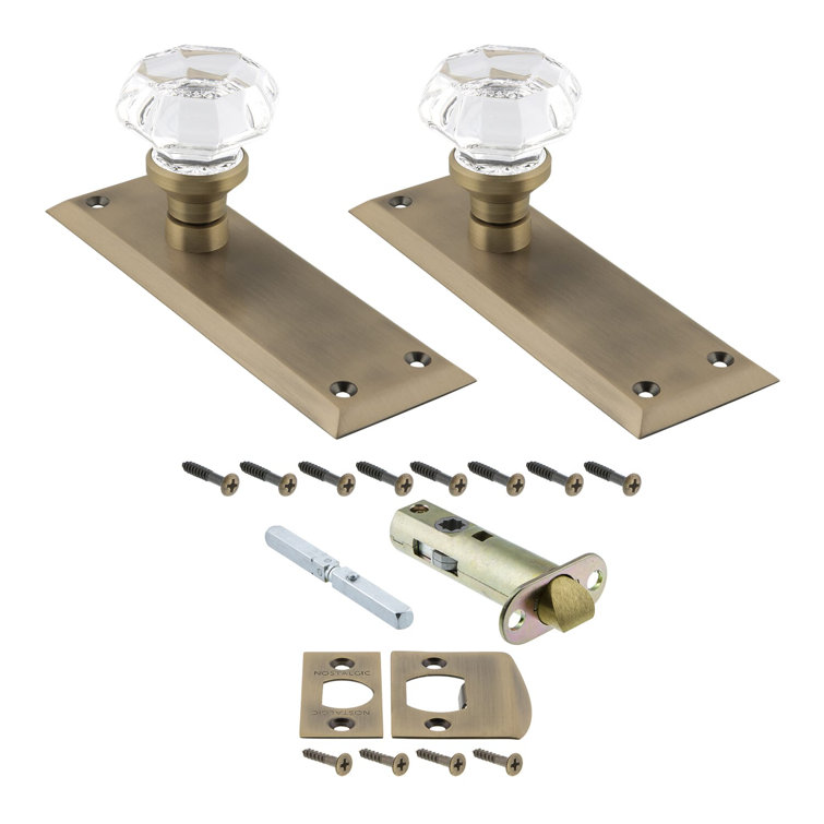 Antique Brass Plate with Clear Crystal Door Knob Set