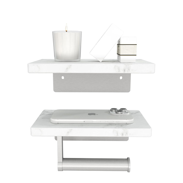 Double Nickel Toilet Paper Holder with White Marble Shelves