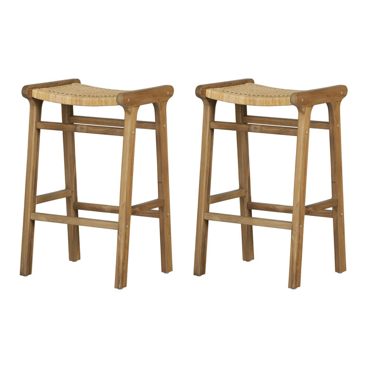 Rattan and Teak Wood Backless Bar Stools, Set of 2