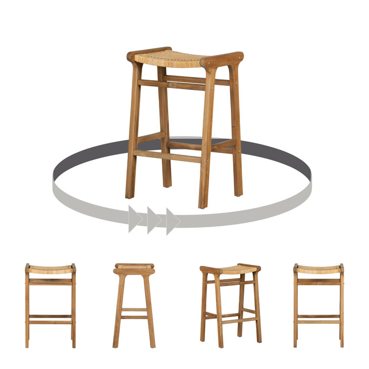 Rattan and Teak Wood Backless Bar Stools, Set of 2
