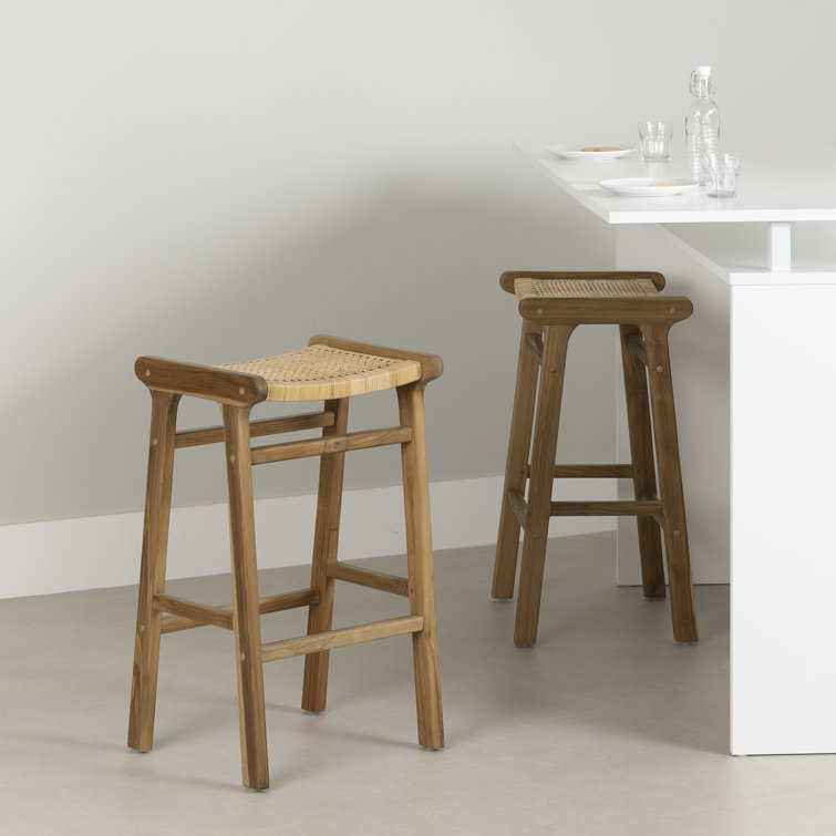 Rattan and Teak Wood Backless Bar Stools, Set of 2