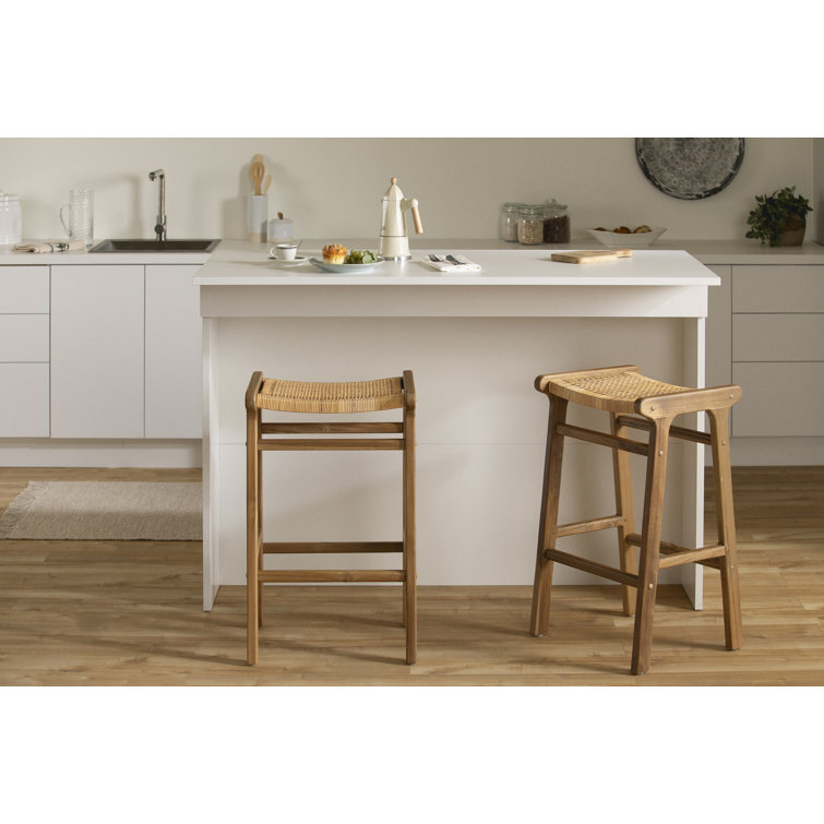 Rattan and Teak Wood Backless Bar Stools, Set of 2