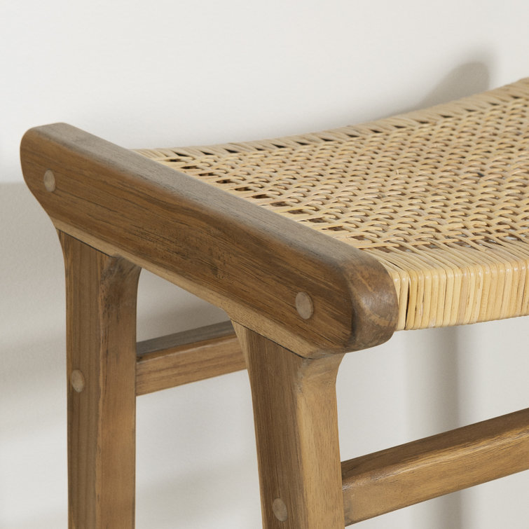 Rattan and Teak Wood Backless Bar Stools, Set of 2