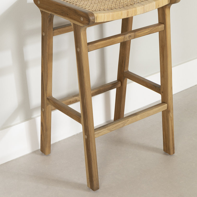 Rattan and Teak Wood Backless Bar Stools, Set of 2