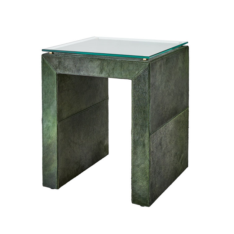 Green Hair-On-Hide Leather and Glass Square End Table