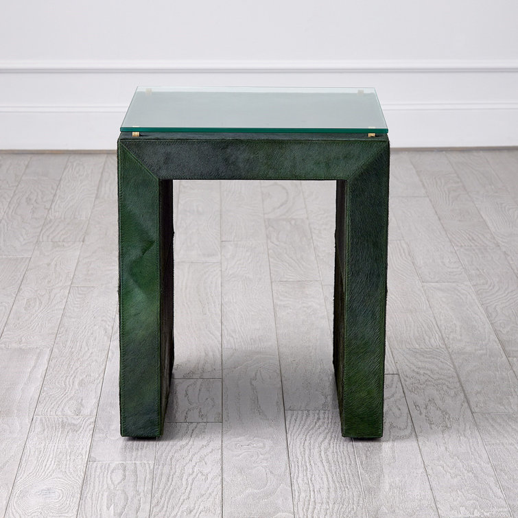 Green Hair-On-Hide Leather and Glass Square End Table
