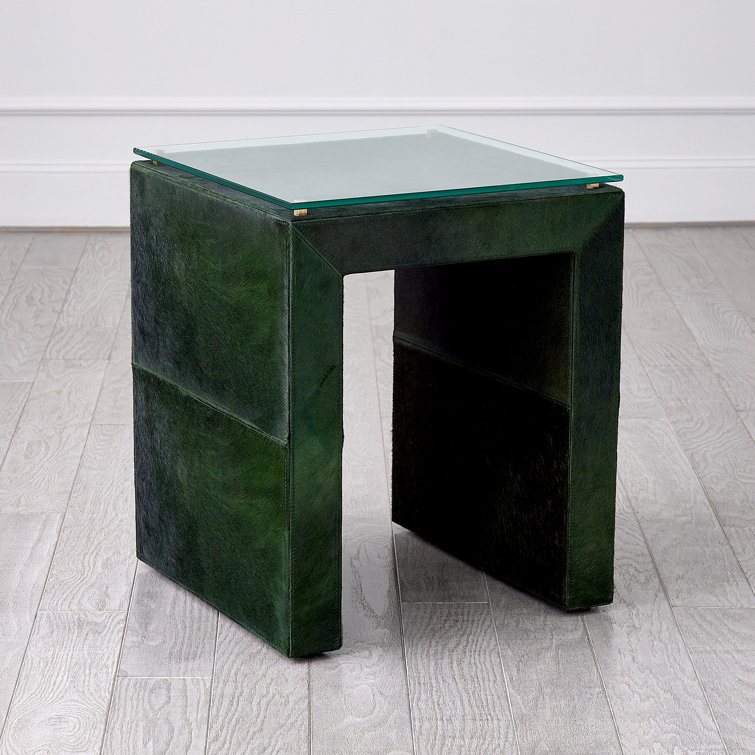 Green Hair-On-Hide Leather and Glass Square End Table