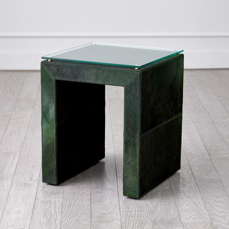 Green Hair-On-Hide Leather and Glass Square End Table