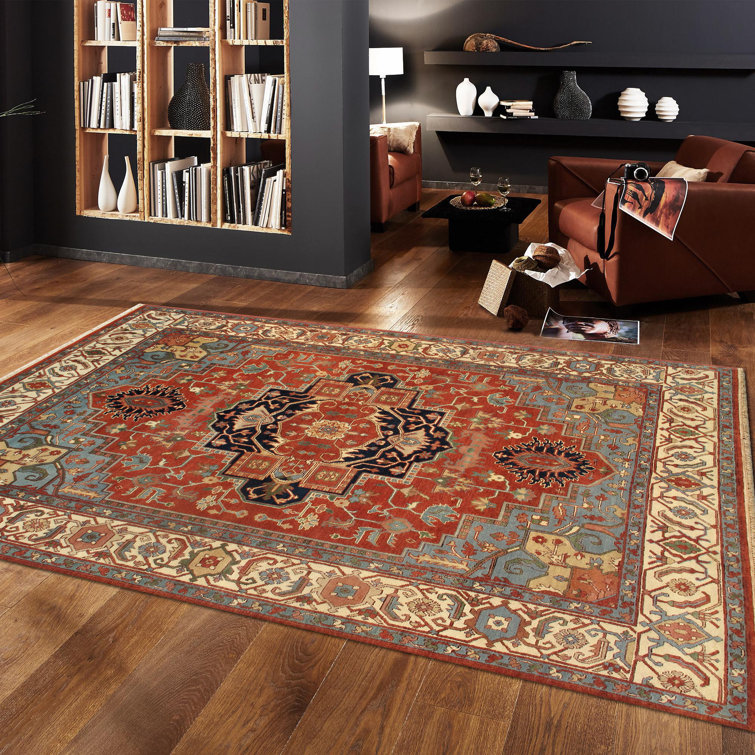 Handmade Ivory and Rust Wool 9' x 12' Traditional Rug