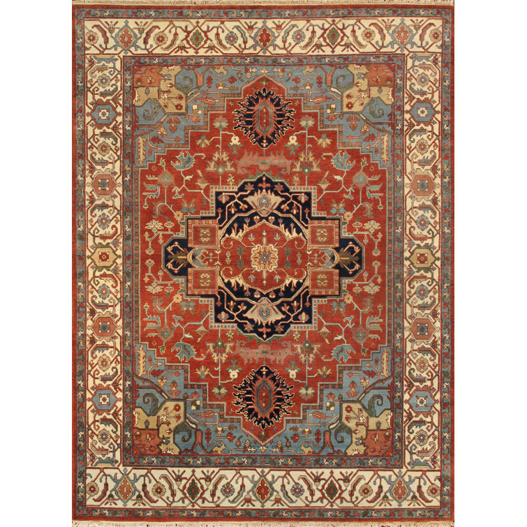 Handmade Ivory and Rust Wool 9' x 12' Traditional Rug