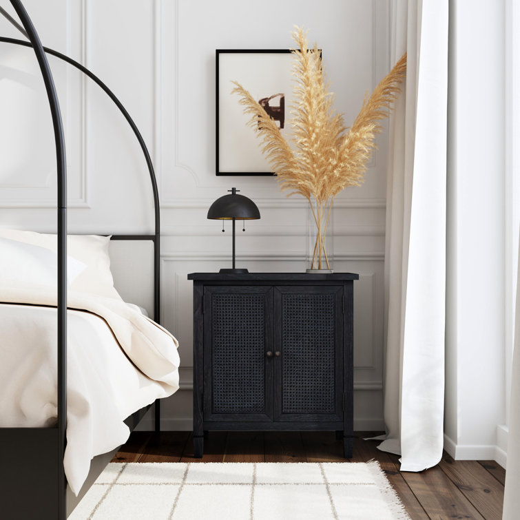 Washed Black Mindi Wood Cane Cabinet with Bronze Hardware