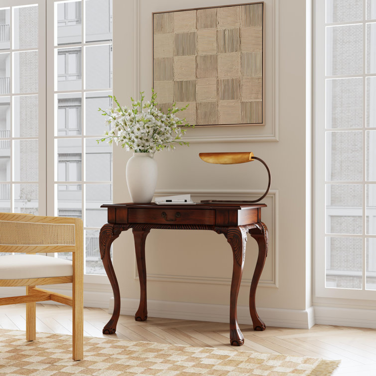Dupree Solid Wood Carved Gray Writing Desk with Drawer