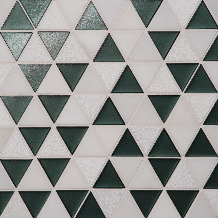 Dark Green and White Triangle Glass and Stone Mosaic Tile