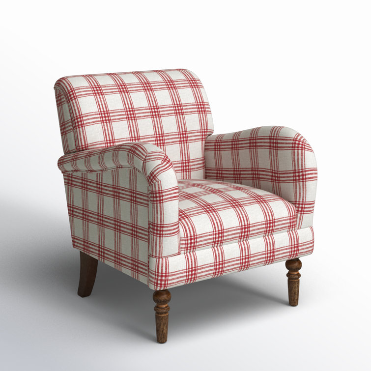 Red Plaid Upholstered Accent Chair with Wooden Legs