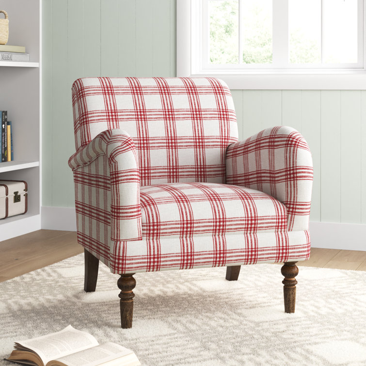 Red Plaid Upholstered Accent Chair with Wooden Legs