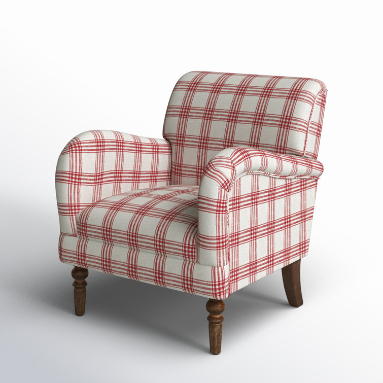 Red Plaid Upholstered Accent Chair with Wooden Legs