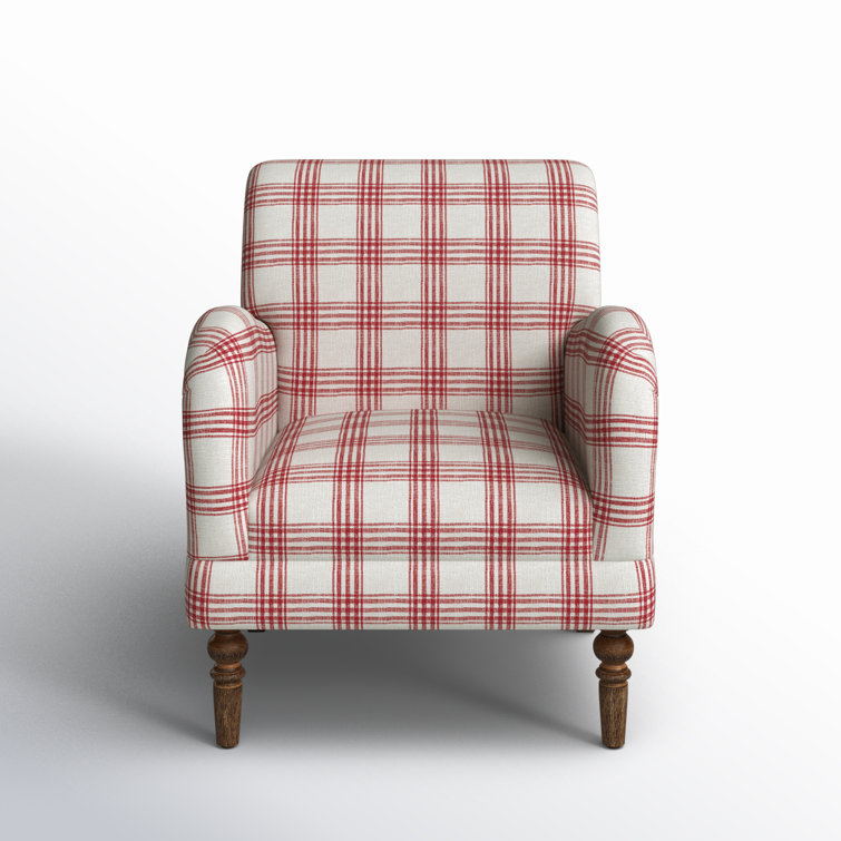 Red Plaid Upholstered Accent Chair with Wooden Legs