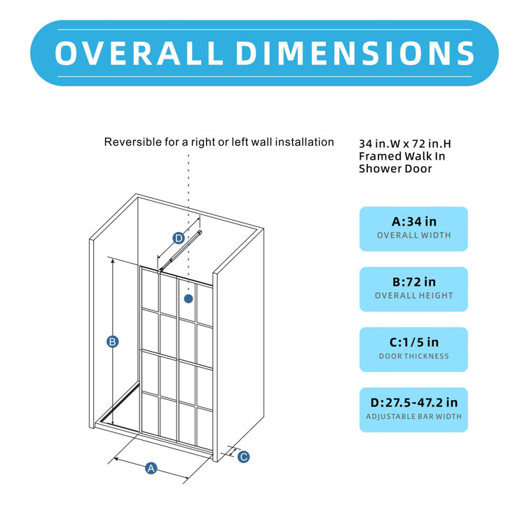 34" x 72" Black Framed Clear Tempered Glass Shower Door