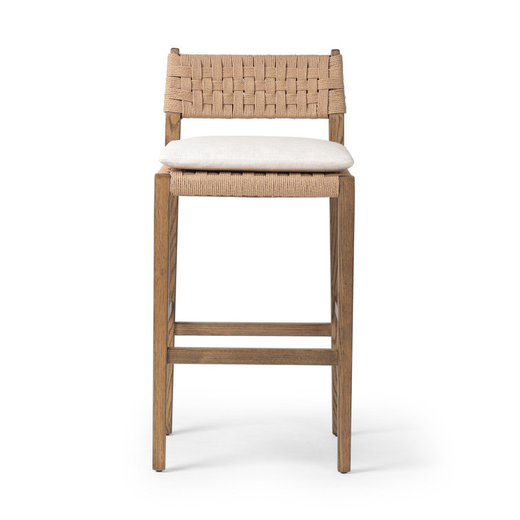 Natural Oak and Woven Paper Cord Bar Stool with Linen Cushion