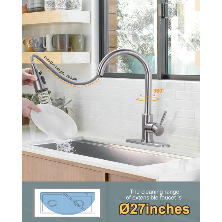 Brushed Nickel Stainless Steel High Arc Kitchen Faucet with Pull-out Spray