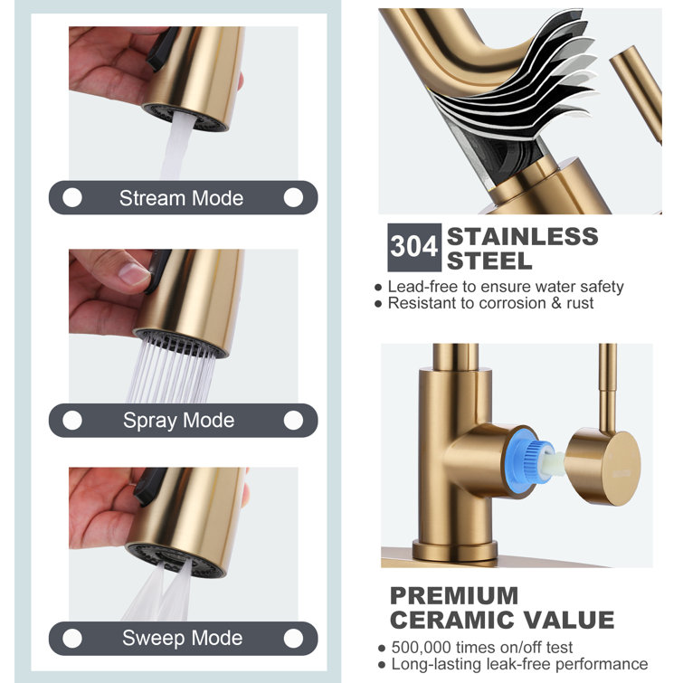 Brushed Gold Stainless Steel Pull Down Kitchen Faucet