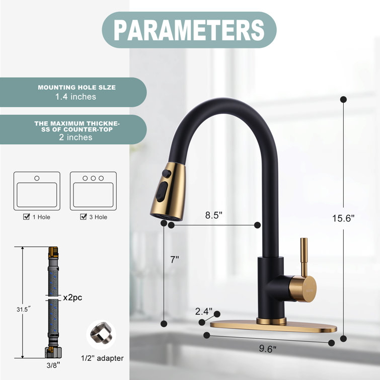 Black and Gold Stainless Steel Pull Down Kitchen Faucet with Sprayer