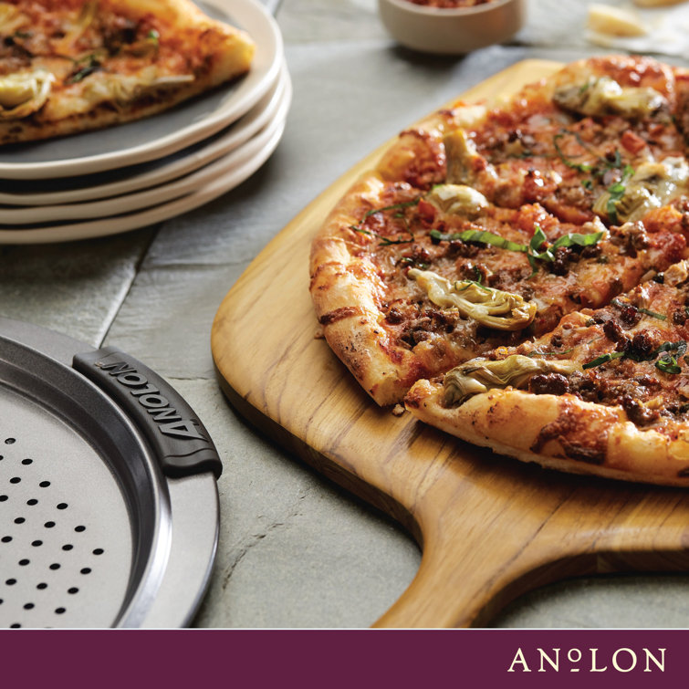 Gray Nonstick Round Perforated Pizza Pan with Silicone Grips