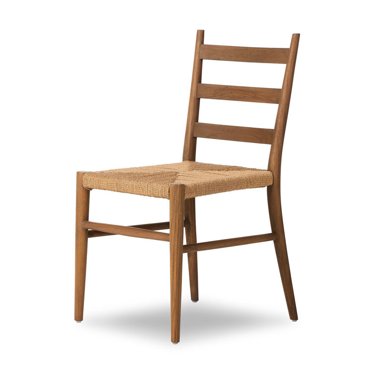Teak and Woven Beige Armless Outdoor Dining Chair