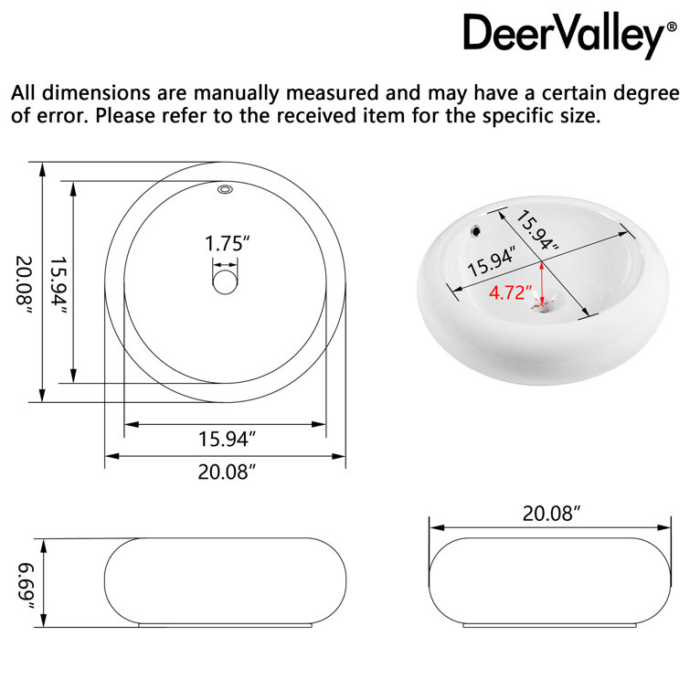 DeerValley 20" Round White Ceramic Vessel Bathroom Sink