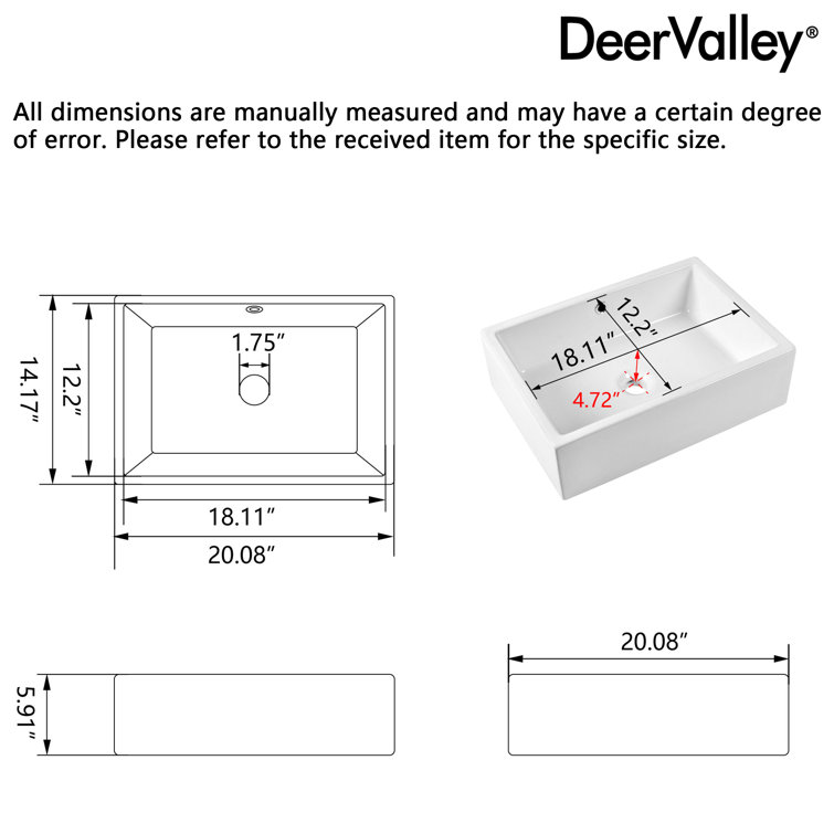 DeerValley 20" White Ceramic Rectangular Vessel Sink with Overflow