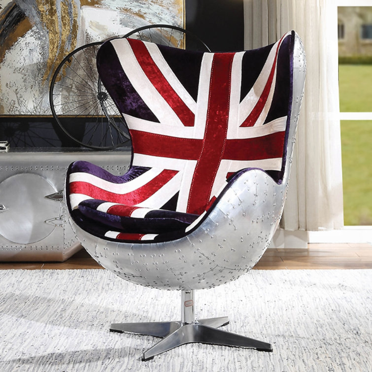 Brancaster Vintage England Flag Pattern Swivel Accent Chair in Aluminum