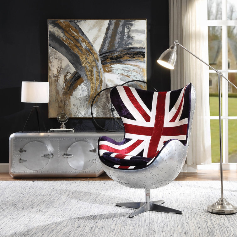 Brancaster Vintage England Flag Pattern Swivel Accent Chair in Aluminum