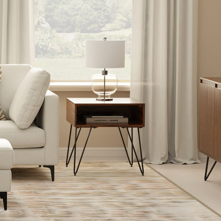 Hunter Walnut Veneer Industrial End Table with Metal Hairpin Legs