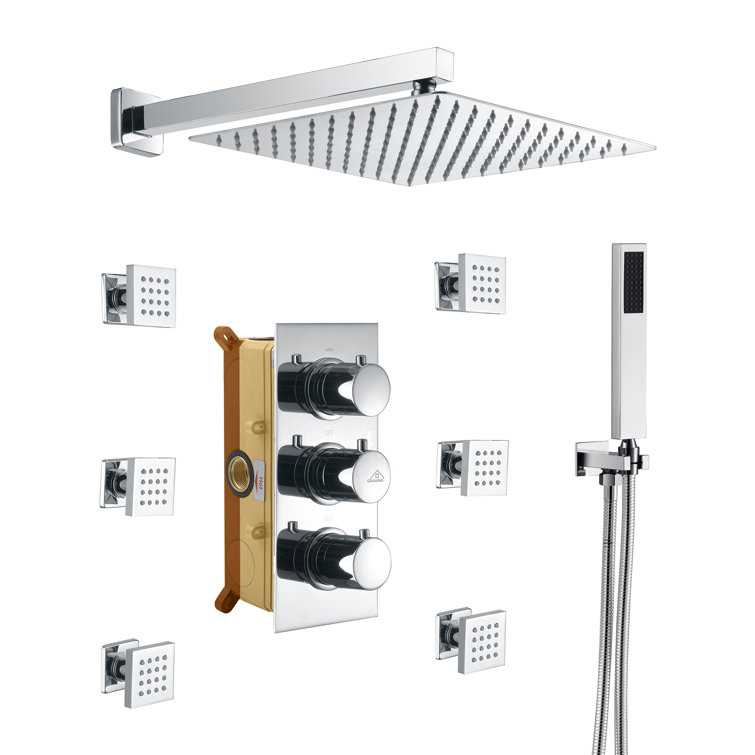 Chrome Dual Square Wall Mounted Shower System with Handheld and Body Jets