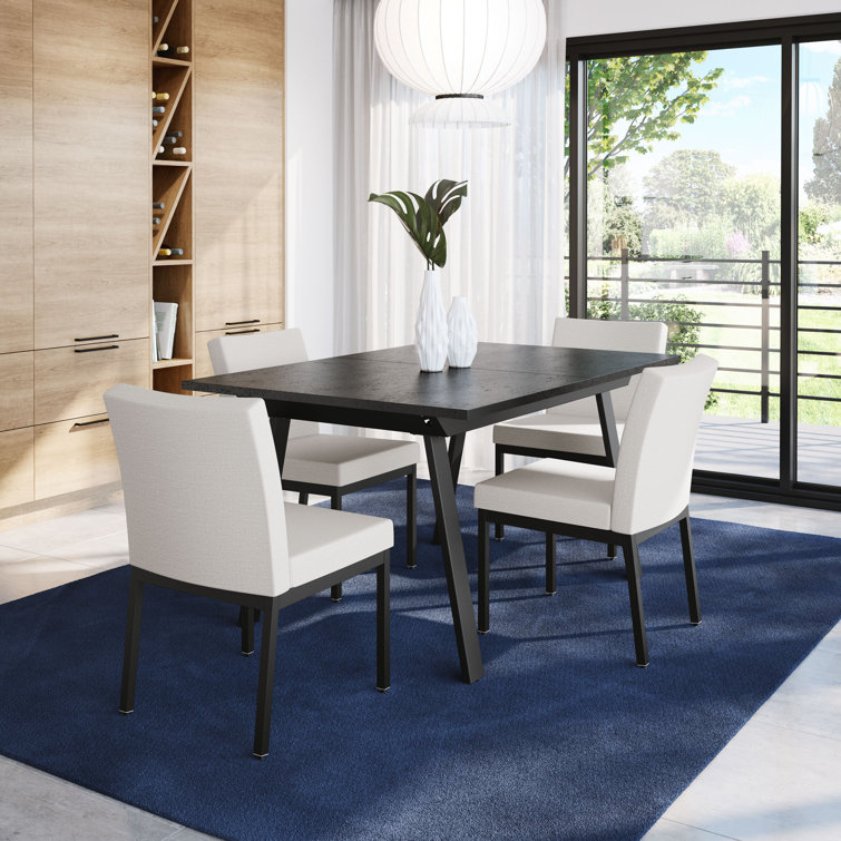 Black Thermofused Laminate Dining Table with Light Gray Chairs