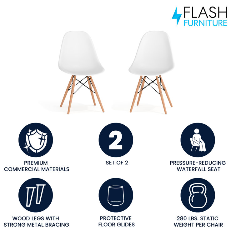 Elon Series 2-Pack White Plastic Side Chair with Wooden Legs