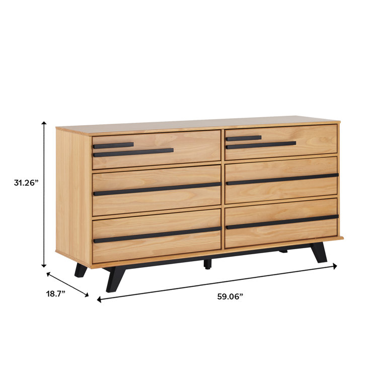 Natural Pine Mid-Century Modern 6-Drawer Solid Wood Dresser