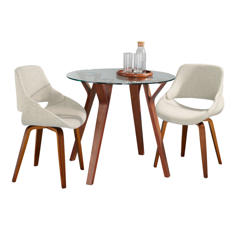 Clear Glass Round Dining Table with Cream Upholstered Chairs