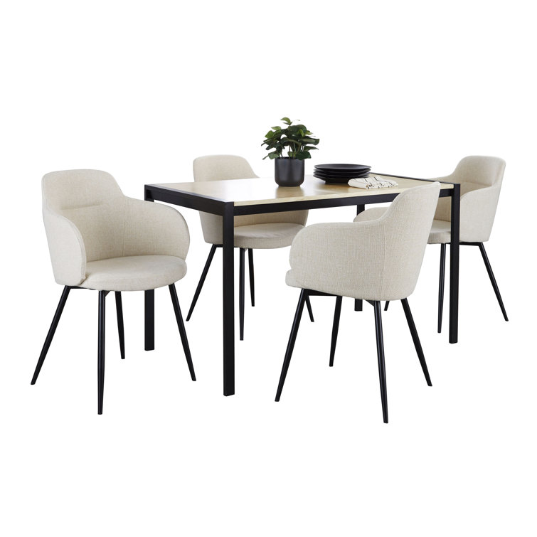 Cream Upholstered 5-Piece Dining Set with Black Metal Legs