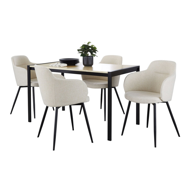 Cream Upholstered 5-Piece Dining Set with Black Metal Legs