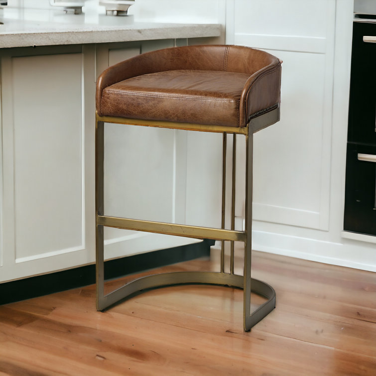 Bradley Brown Leather and Gold Metal Counter Stool