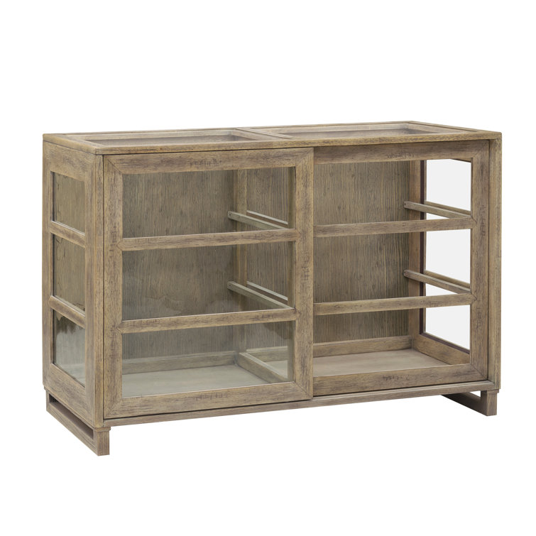 Light Wood Oak Veneer Lighted China Cabinet with Sliding Doors