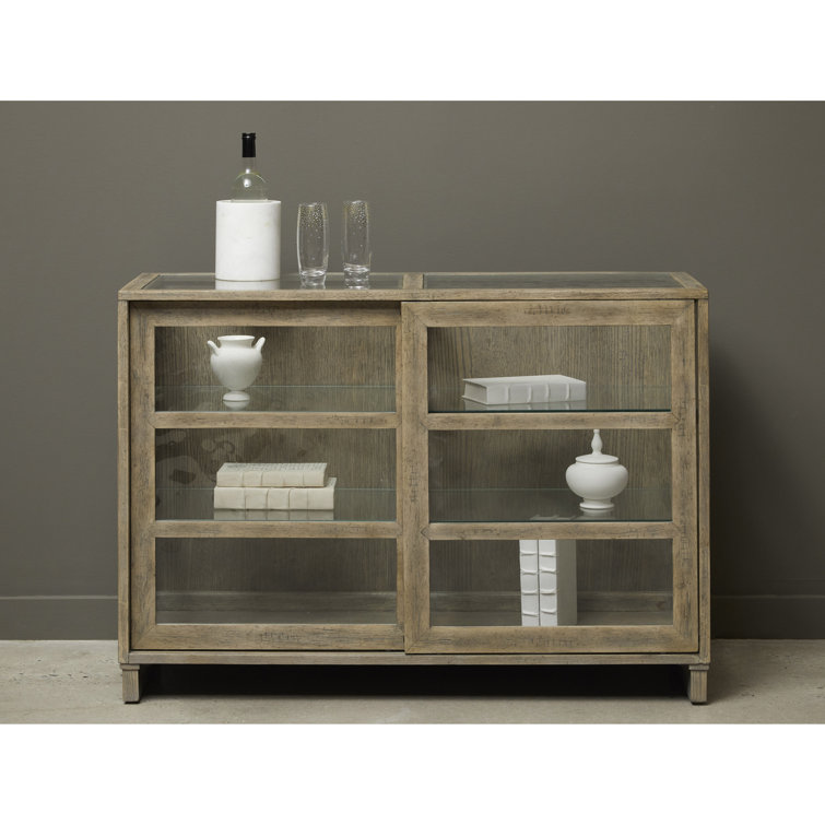 Light Wood Oak Veneer Lighted China Cabinet with Sliding Doors