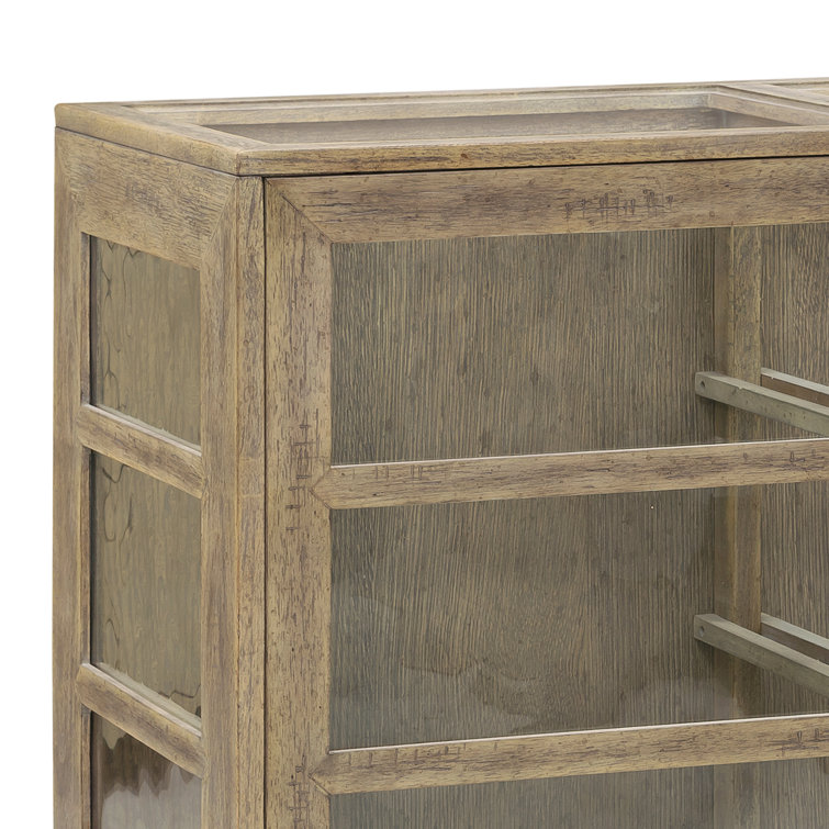 Light Wood Oak Veneer Lighted China Cabinet with Sliding Doors