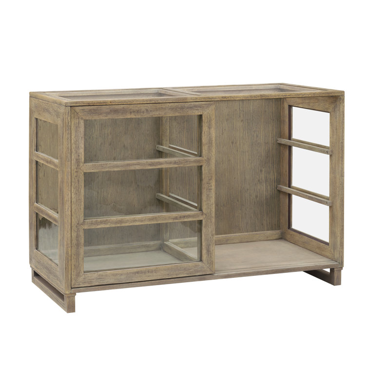Light Wood Oak Veneer Lighted China Cabinet with Sliding Doors