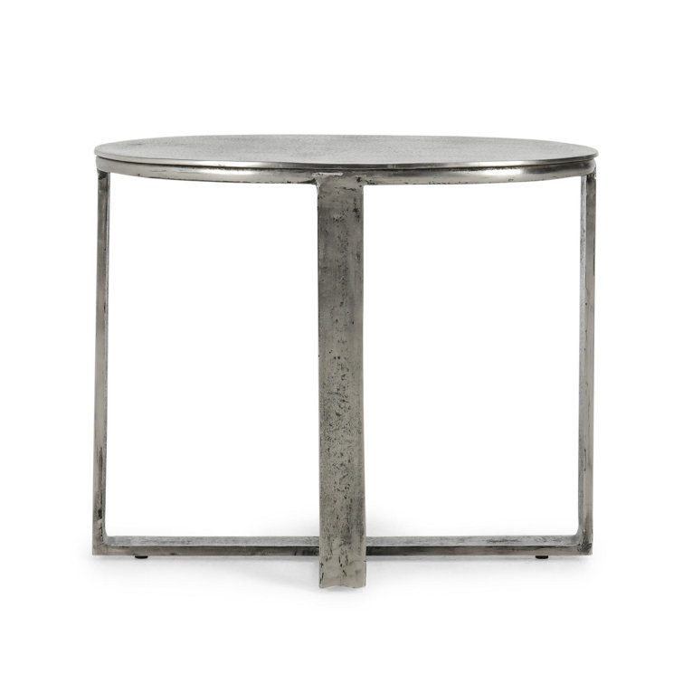 Hand-Brushed Silver Oval Metal End Table